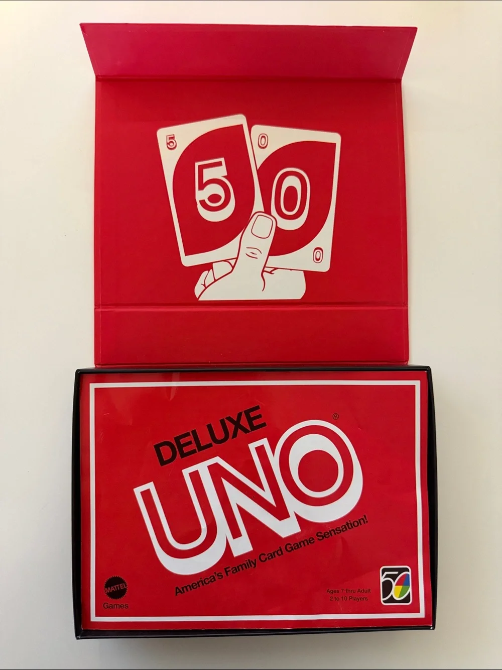 UNO Deluxe 50th Anniversary Edition Card Game Box COMPLETE EXCEPT 1 Card